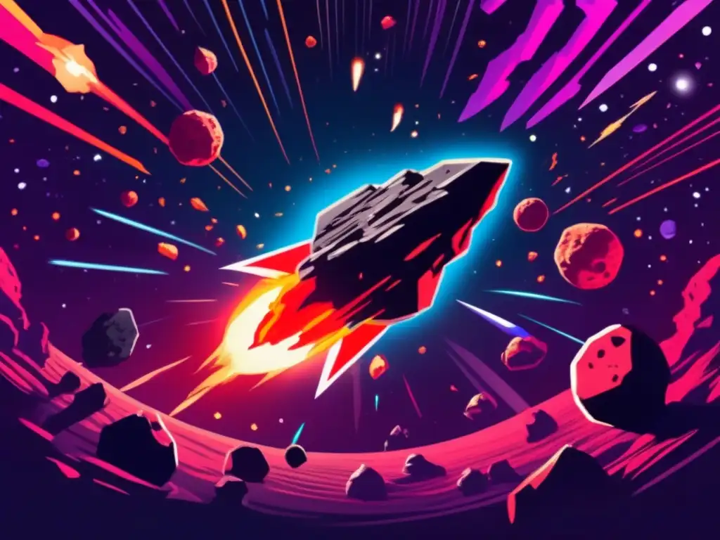 A captivating image of a galaxy's black hole, with an intense red glow at its core, surrounded by an array of asteroids in various shapes and colors