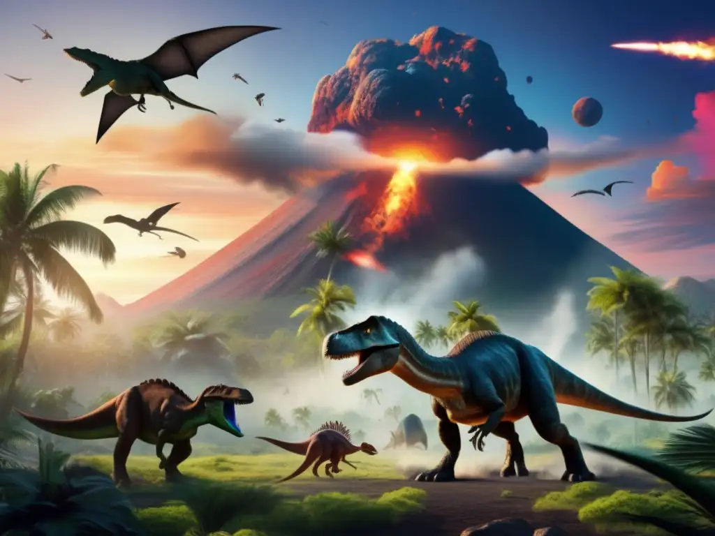 Asteroid Impact: Massive Chaos in a Dino Ecosystem Massive asteroid hurtles towards a lush and diverse dinosaur ecosystem, casting a gloomy pallor over the land as dinosaurs scatter in panic