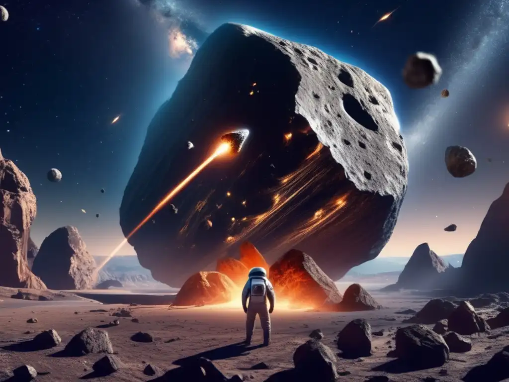 A breathtaking image of a high-speed crash between two asteroids, with intricate and dramatic scratches etched onto the rocky surfaces