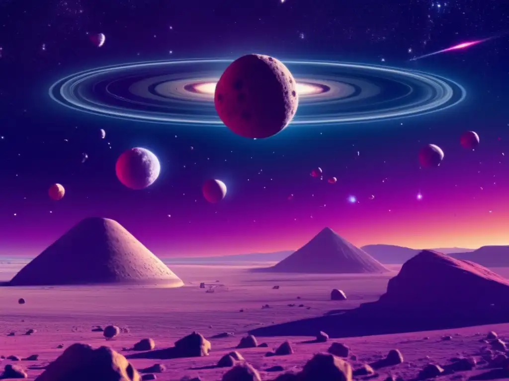 Asteroid Collision with Earth: Saturn's Rings in the Distance Image of magenta-colored asteroids colliding with Earth, surrounded by scientific equipment and facilities for research, while Saturn rotates in the background with its blue and yellow rings