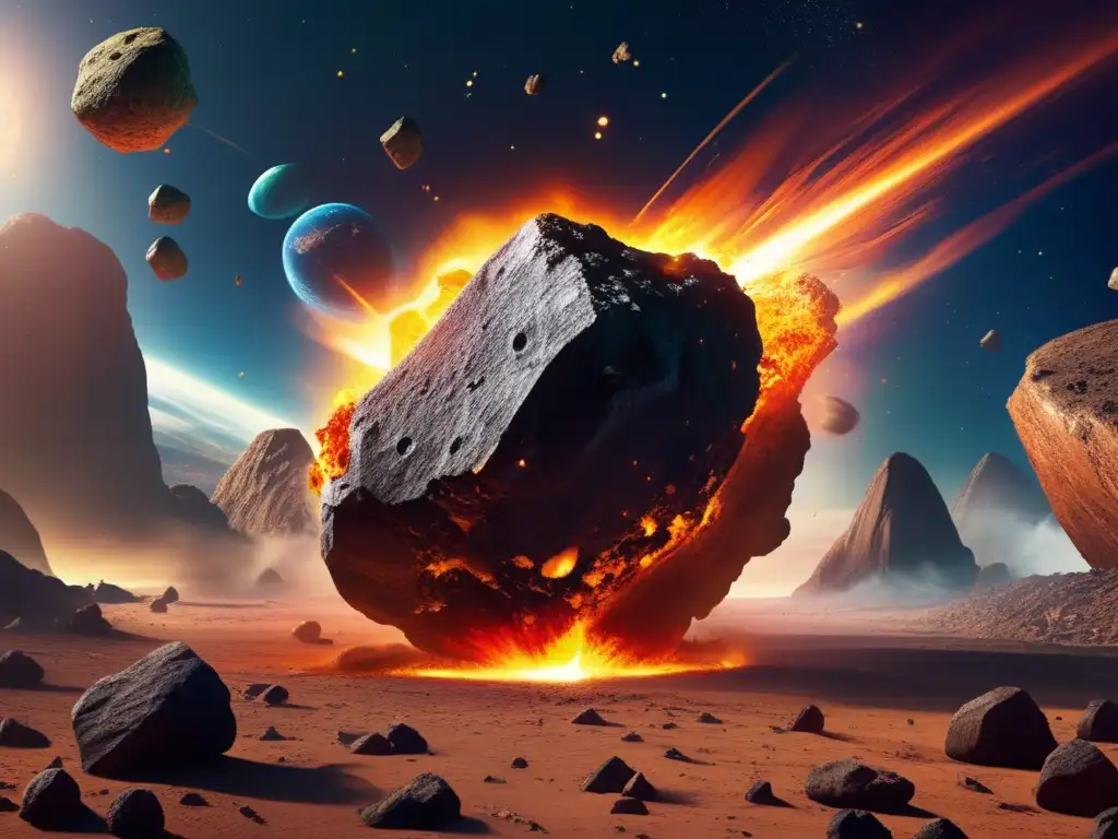 A breathtaking photorealistic depiction of asteroids violently colliding with Earth, with vibrant hues and lifelike textures