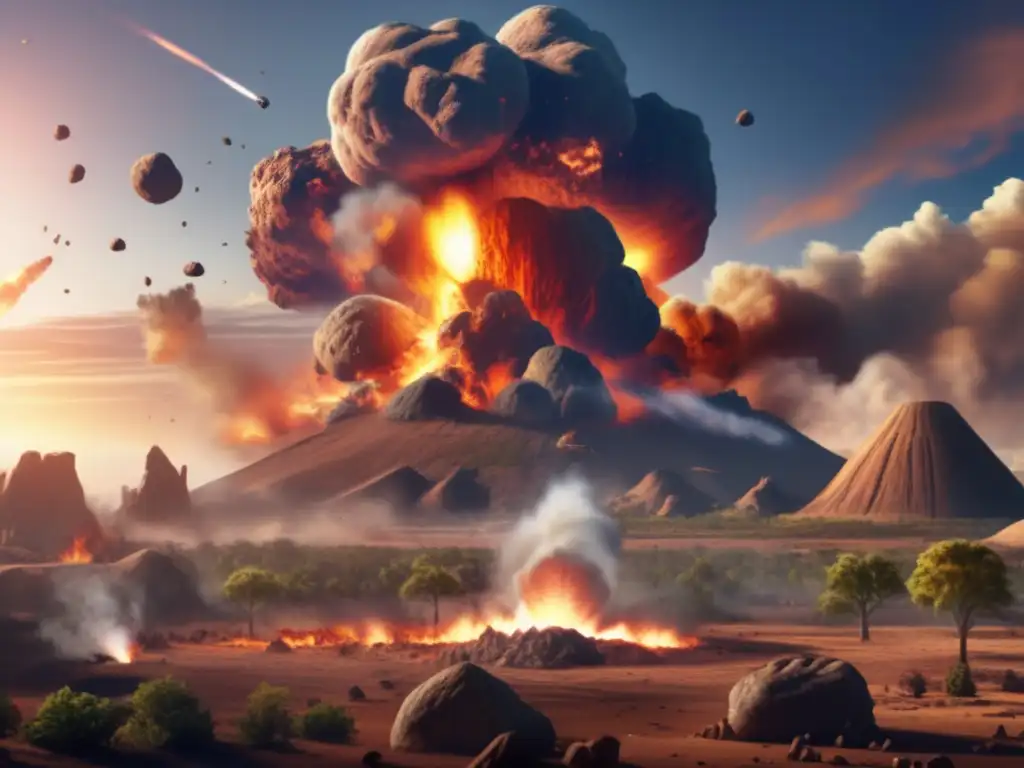 Asteroid Impact: Earth's Demise - Photorealistic Illustration An devastating asteroid impact collides with Earth, causing enormous explosions, fires, and smoke that scatter throughout the impact site
