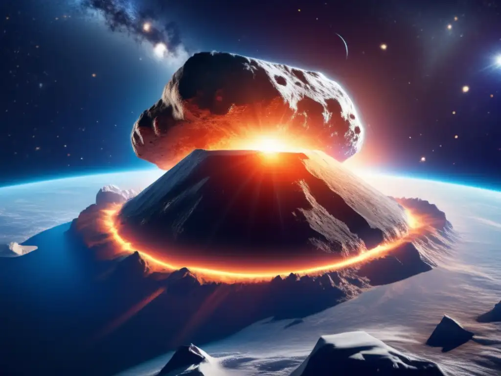 A stunning photo-realistic image of a massive asteroid hurtling through space, hurtling towards Earth