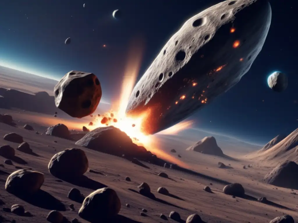 Dashing to avoid impact: A photorealistic image of a massive asteroid streaking towards a smaller asteroid with collision imminent