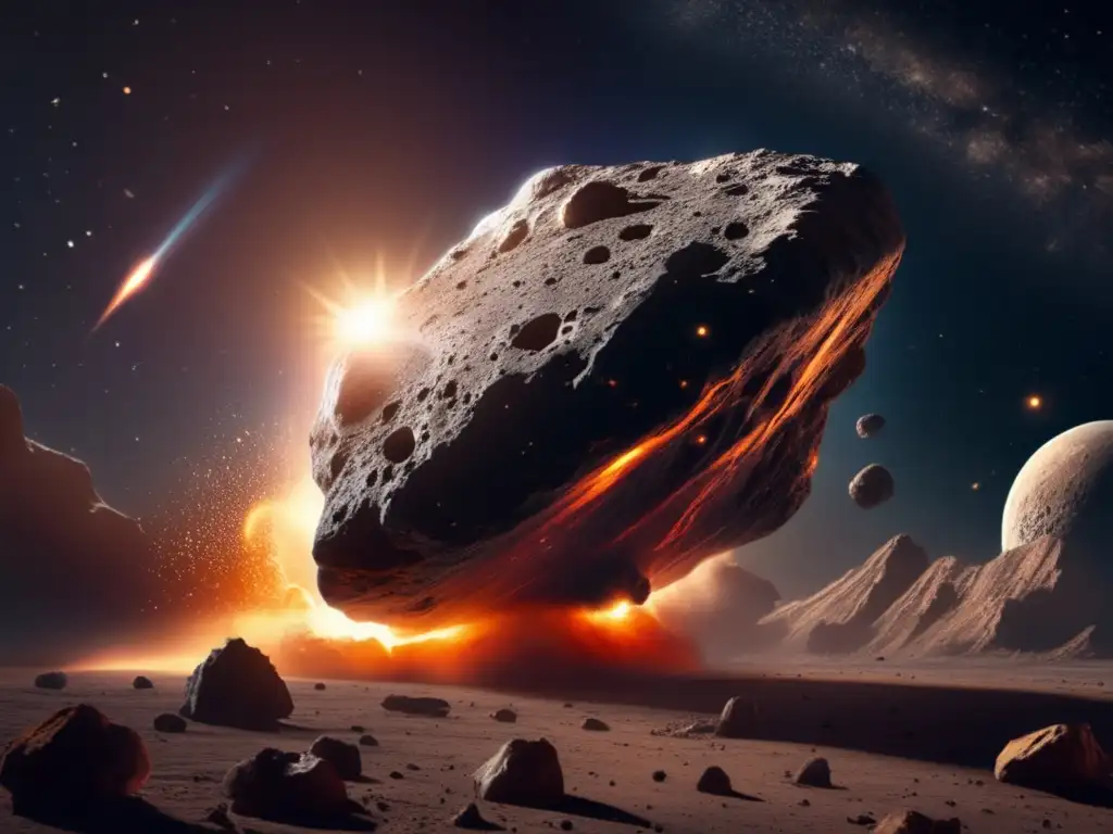 A vast, dark asteroid streaks through the cosmos, leaving a trail of dust and debris in its wake