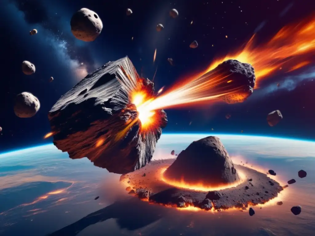 Ultrarealistic image capture showcases a massive asteroid collision occurring in the vastness of space