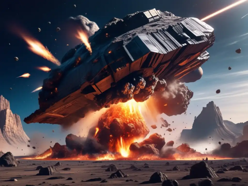 Asteroid Impact: Starship Troopers Inspired Photorealistic Collision A photorealistic portrayal of a massive asteroid colliding with a spaceship, reminiscent of 'Starship Troopers'