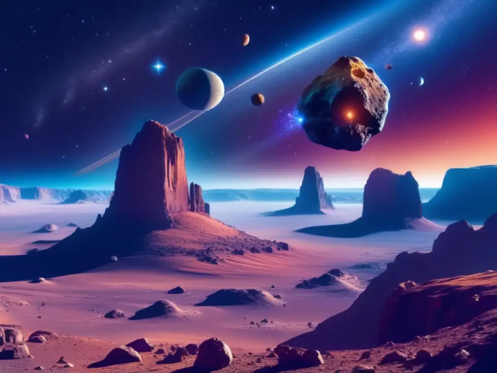 A stunning photorealistic image of a vibrant, jagged asteroid materializing against a backdrop of deep azure planetary skies
