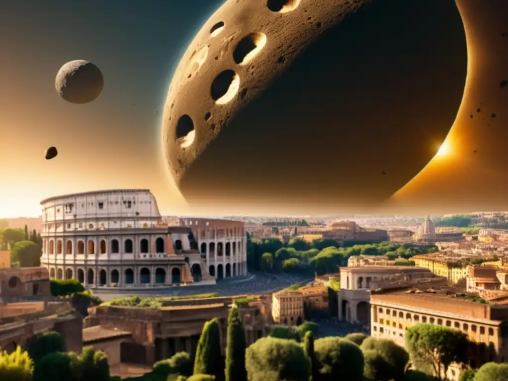 Asteroid Looms Over Rome: Earthy-Toned Photorealism An aesthetically pleasing, narrow depth of field photo of an asteroid hovering over Rome's iconic landmarks: the Colosseum, Pantheon, and Tiber River