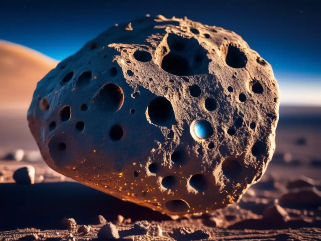 A stunning closeup of an asteroid, its rocky surface etched with intricate details, glowing faintly as if filled with a liquid or gaseous substance