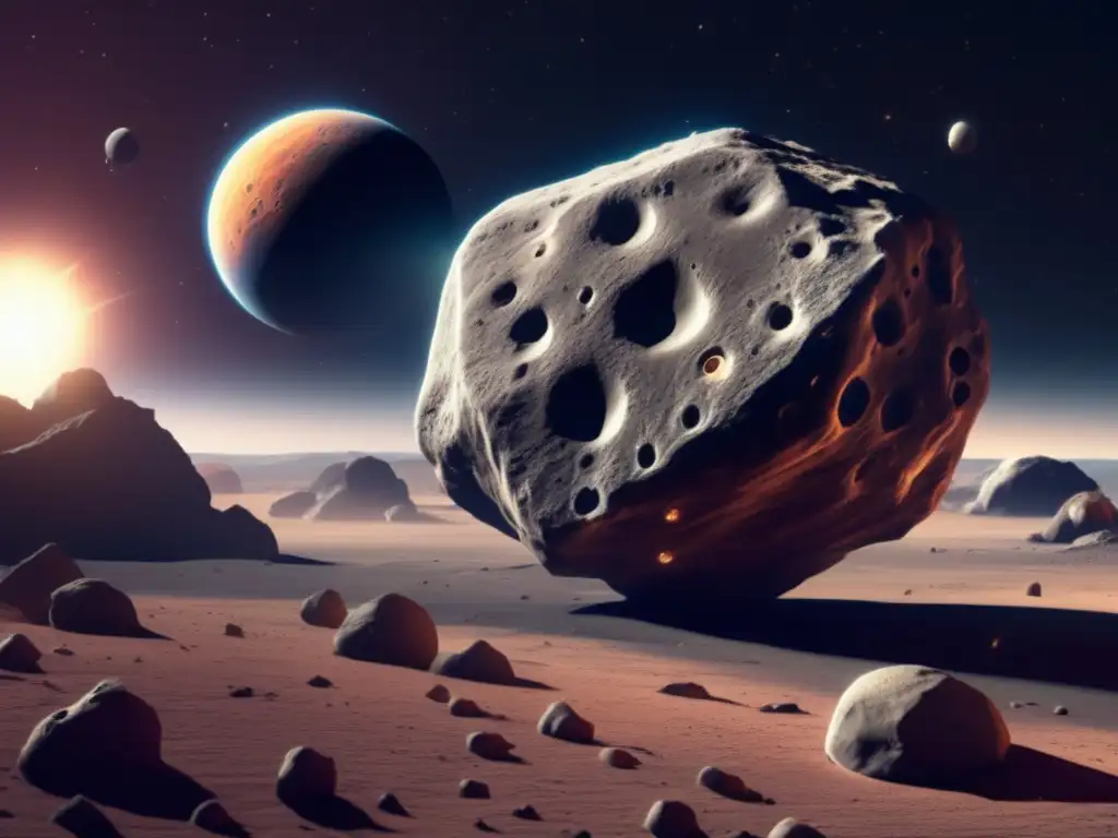 An industrial asteroid, framed by neon-lit smoke and a psychoactive spacecraft, reveals its complex composition