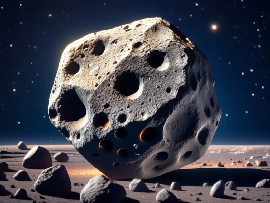 An astonishing closeup of a dazzling asteroid, adorned with intricate textures, floats in a deep, blue-black cosmic expanse