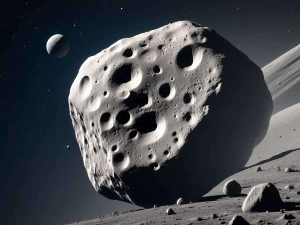 An asteroid in space, zoomed in to show its intricate details