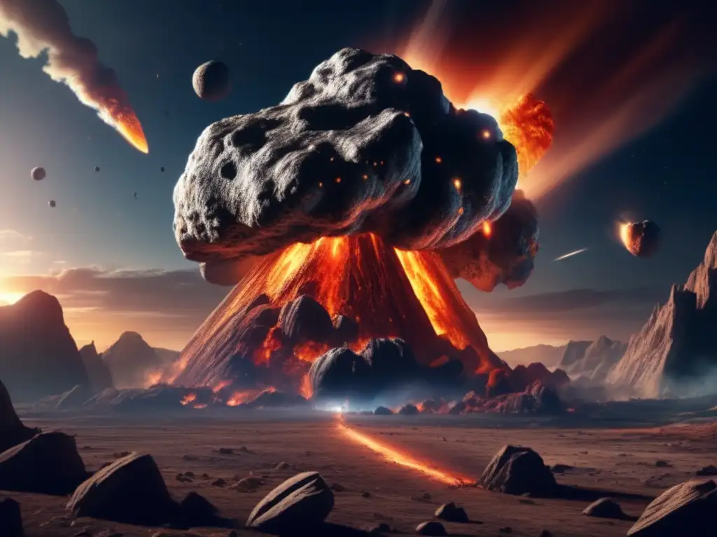Impact of Asteroid: Earth's Endangered Ecosystem and Dinosaurs A haunting view of Earth's fate: a gigantic asteroid hurtles towards the planet, causing catastrophe for the dinosaurs and the ecosystem