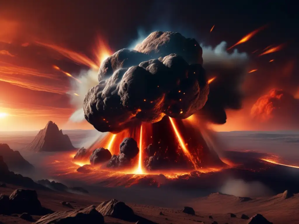 Asteroid Impact: Mythic Battle of Arash and Tours A photorealistic depiction of a gigantic asteroid, withdetails of its rocky surface, dust swirls, and fiery tail,crashing into the Earth from above