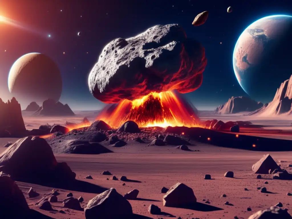 An awe-inspiring photorealistic depiction of an asteroid impact on a planet, boasting meticulous textures and illuminating lighting