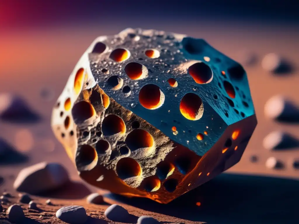 A captivating image of an asteroid rock, characterized by its jagged surface, intricate craters, and mesmerizing colors