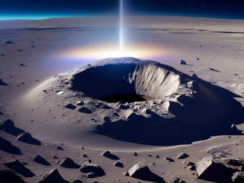 A closeup photograph of an asteroid impact crater, surrounded by layers of debris and astral composition