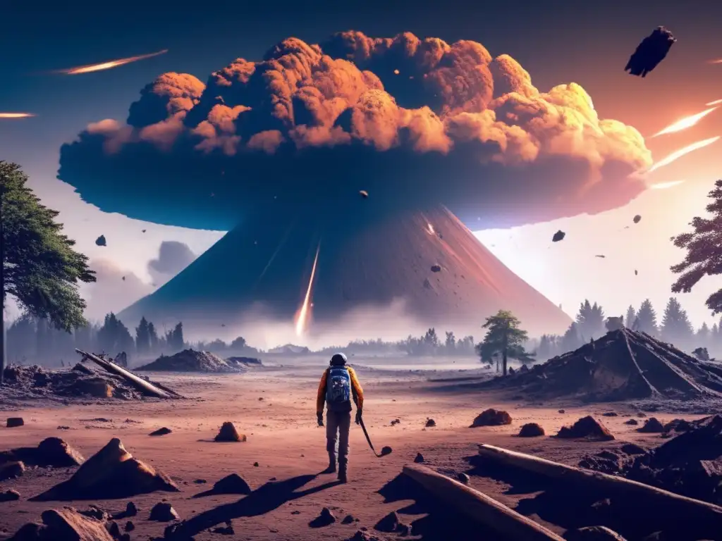 Devastation Unleashed: Asteroid Impact on Earth A haunting closeup of a massive asteroid crater on Earth, causing widespread devastation through Earthquakes, tsunamis, and highwind events