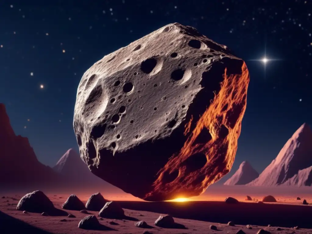 A stunning 8k image of a heavily cratered asteroid, with jagged edges and dents, illuminated by a brilliant star against a deep velvet sky, evoking a sense of wonder and mystery