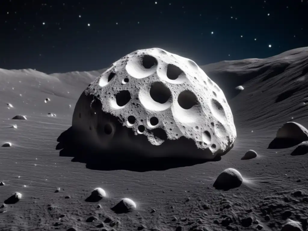 A stunning closeup image of a white asteroid, filled with intricate craters and ridges, set against a deep black backdrop of starlit space