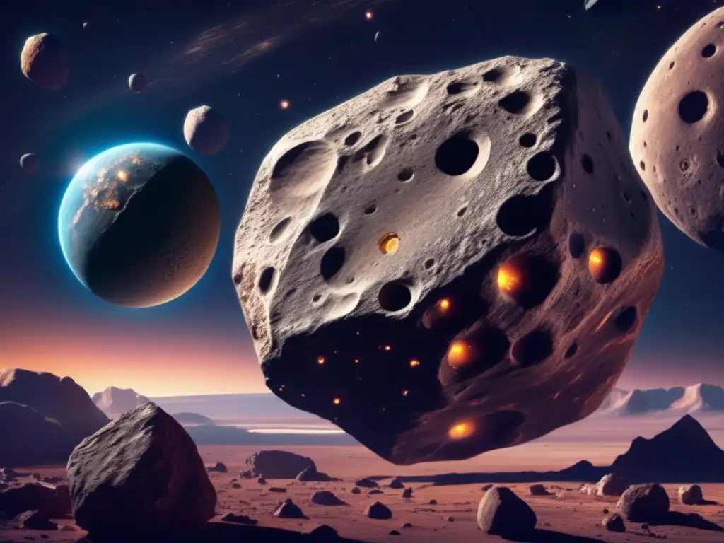 An exciting and dynamic orbital view of an impressive asteroid, highlighted by populous colors and detailed geological features such as craters, boulders, and valleys, accompanied by a scientific diagram showcasing proposed missions and studies to further our understanding of these celestial bodies