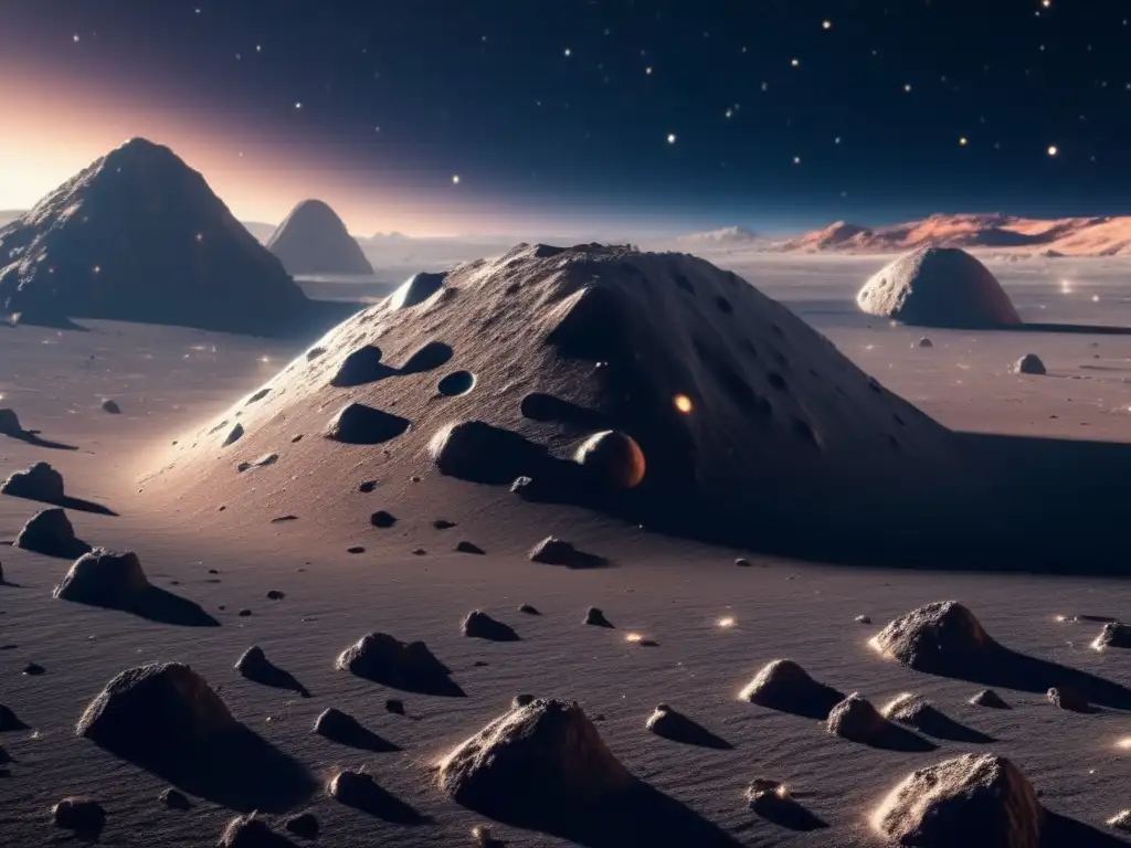 Luminous Orb: Asteroid's Mysterious Glow in Space An ethereal asteroid, its rugged surface etched with the history of time, radiates under a backdrop of enchanting cosmic particles