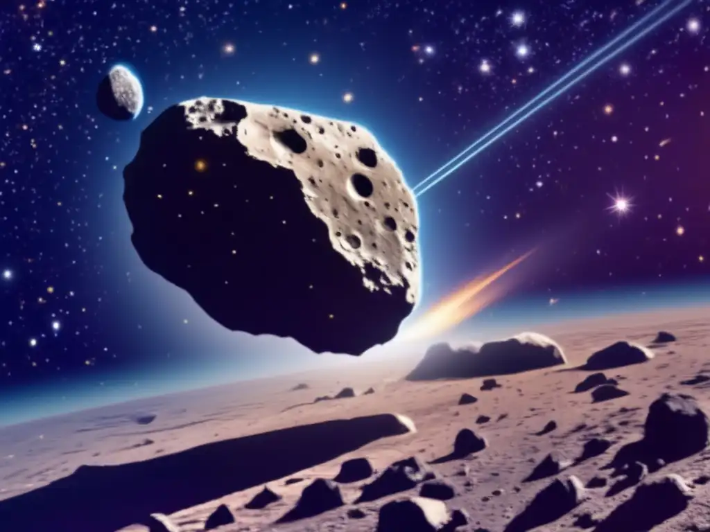 An awe-inspiring image of a massive asteroid in the vast star-filled space, illuminated by its reflection off surrounding stars
