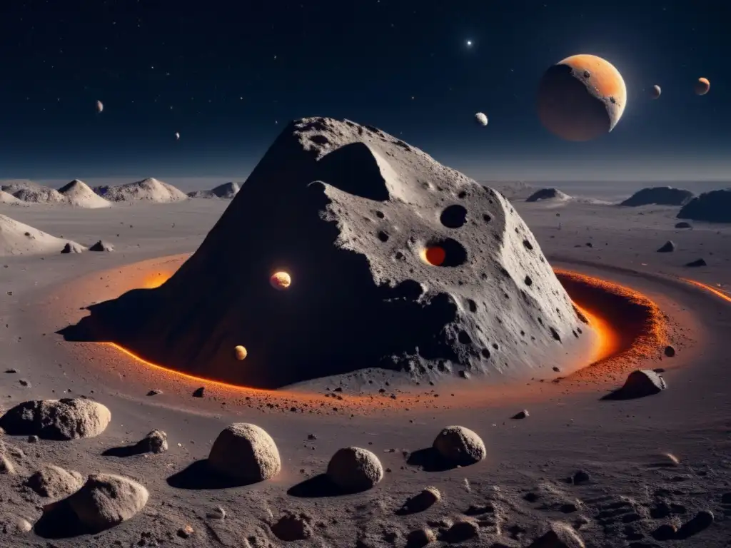 Asteroid Adventure: Space View with Craters and Orbiting Moons Captivating view from space: Asteroid with jagged craters, glowing orange moons, and changing positions in the background