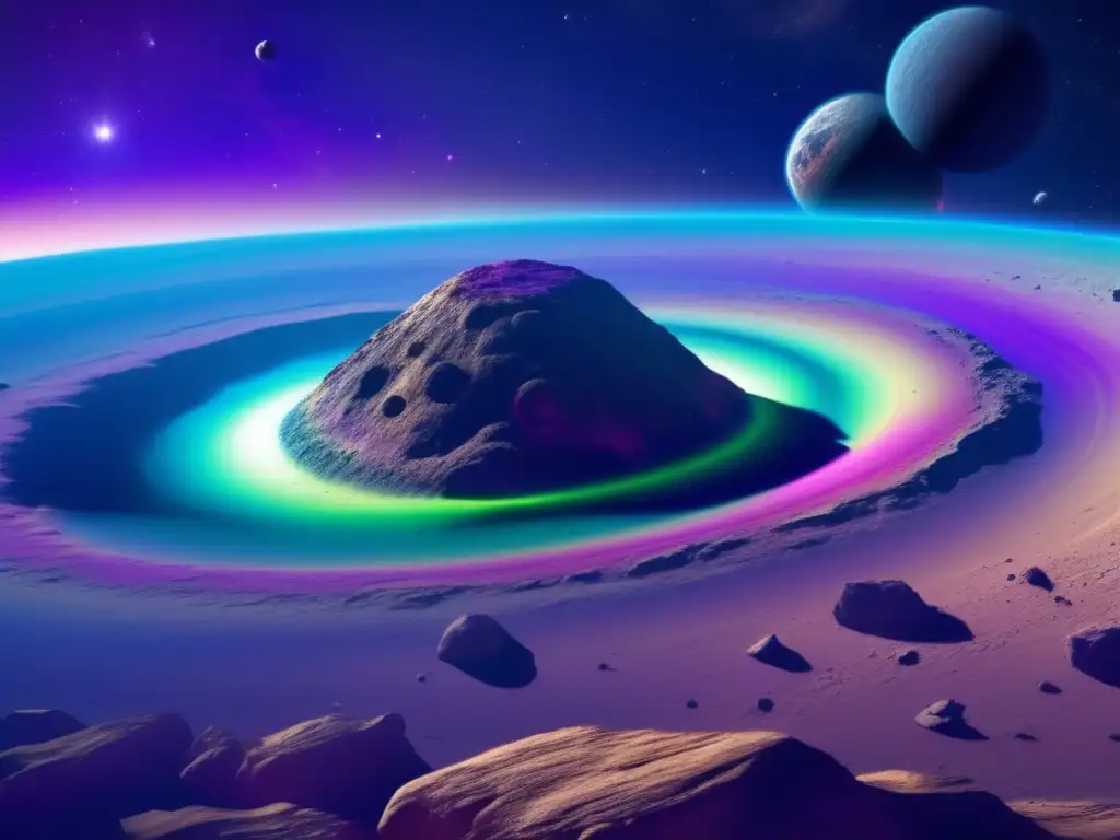 cryptic spheroid: evidence of cosmic life beyond Earth A stunning photorealistic image of an asteroid, with intricate rock formations and rocky outcroppings, suspended in space against a backdrop of swirling nebulae with shades of blue, purple, and green, evoking a sense of intrigue and curiosity about the potential for panspermia