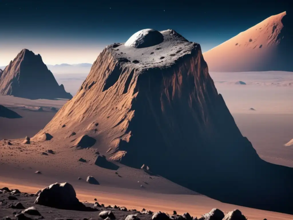 A stunning ultrahigh-resolution photograph of an asteroid, showcasing the mesmerizing Cyclops mountain range with photorealistic detail