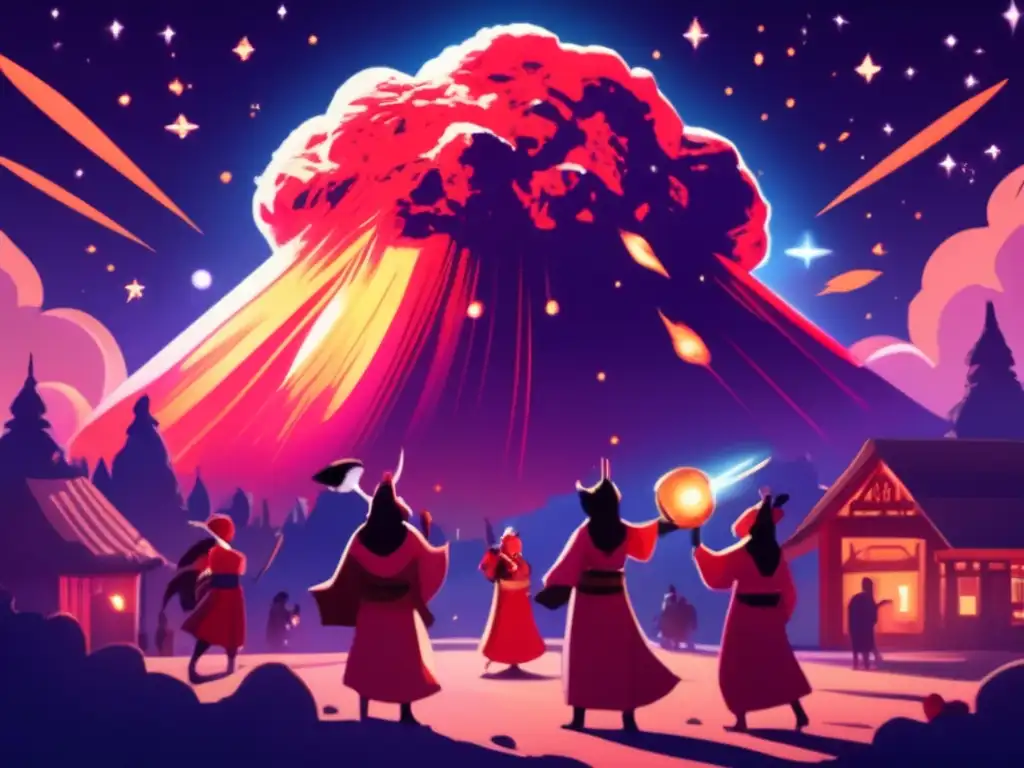 Mystical Asteroid Encounter: Pagan Celebration in the Night A mysterious & otherworldly presence, an imposing asteroid glowing red at night, surrounded by Pagans in robes, masks & wands