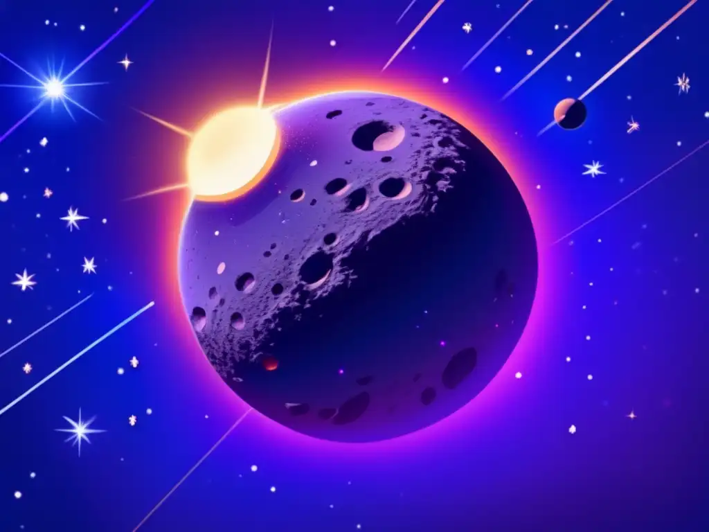 A stunning digital painting of Davida, the largest asteroid in our solar system, orbits the sun with a shimmering cosmic background of twinkling stars