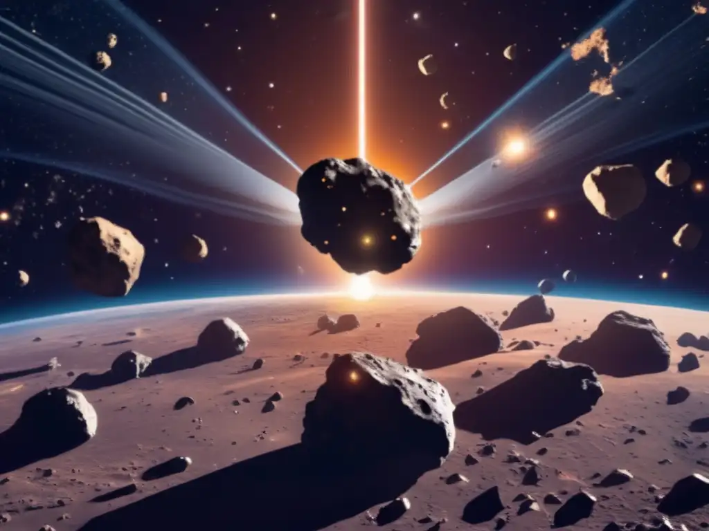 A breathtaking image of an asteroid flying in space, surrounded by small asteroids reflecting the light of nearby stars