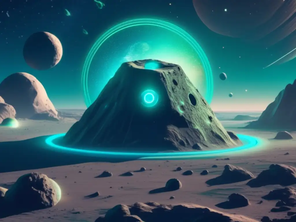 Asteroid defense: intricate texture and detailed surface features, surrounded by glowing bluegreen rings, with advanced spacecrafts and equipment