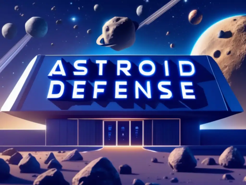 A striking image of a sleek spacecraft-style building with 'Asteroid Defense' inscribed on its surface