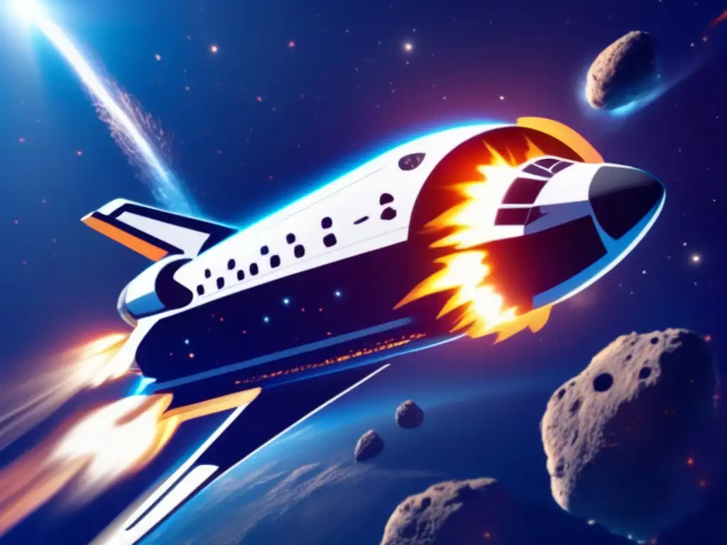 Dash: An asteroid with smoke and debris in its wake, soaring through the void in front of a space shuttle trailing light