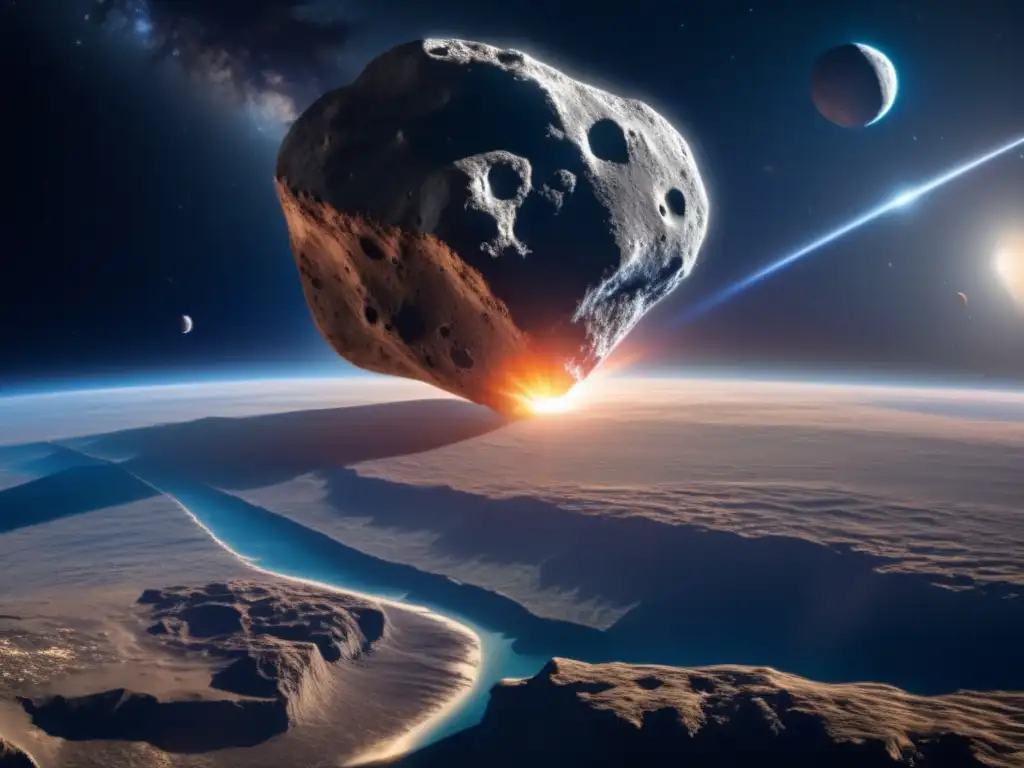 A breathtaking view of a large asteroid resting on the edge of Earth's atmosphere with intricate details illuminated by natural and artificial lighting, including its craters and veins