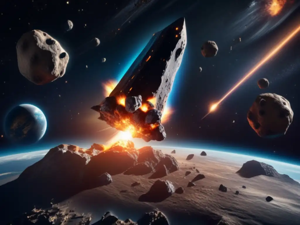 An ominous asteroid barrels towards Earth, its jagged surface casting eerie shadows