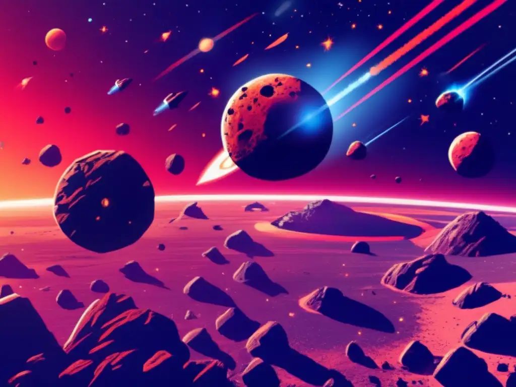The sun sets in the distance while multiple asteroids fly towards Earth, with faint wisps of dust and debris in the background