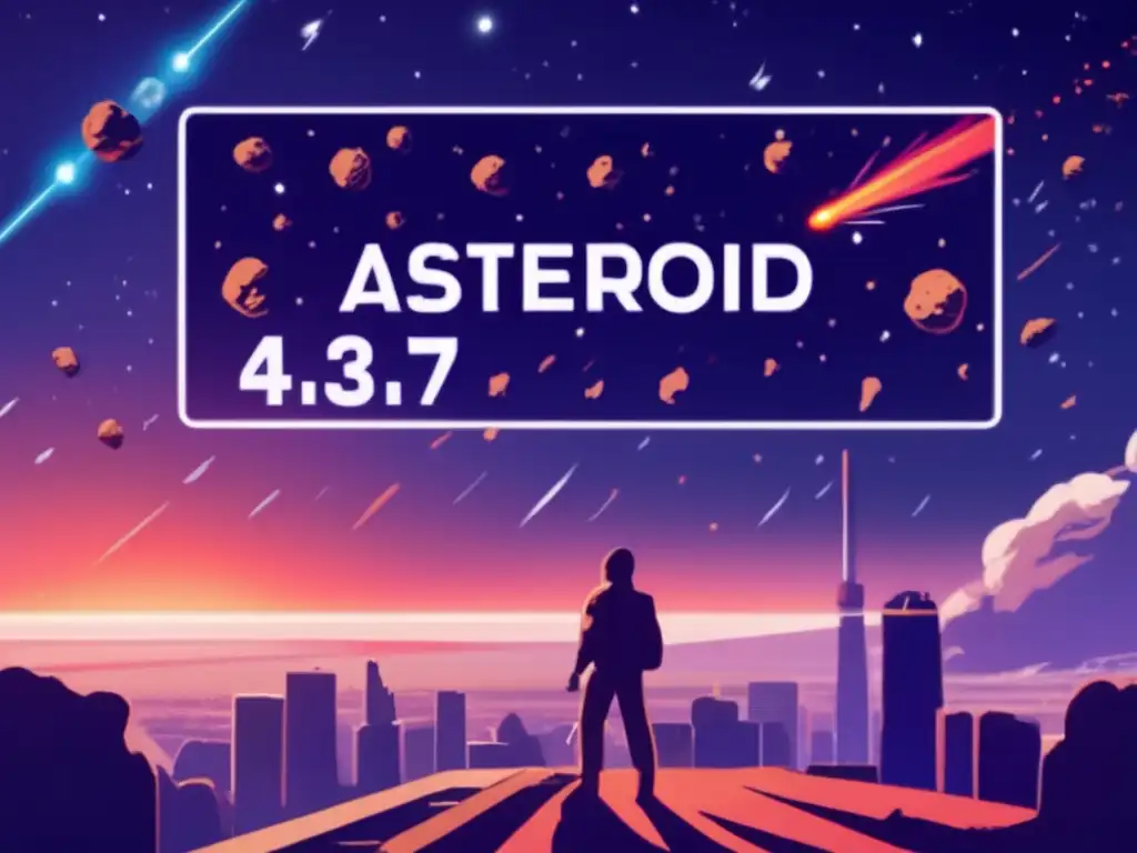 Asteroid falling towards Earth, illuminated by perihelion, with a scoreboard in the foreground showing nukes dropped on asteroid to accurately deflect track