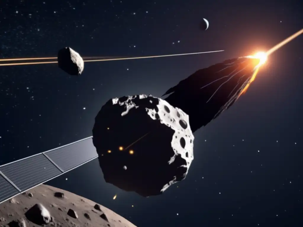 An urgent photorealistic image of a massive asteroid looming in a deep black space, with a deflection mission spacecraft determinedly approaching it