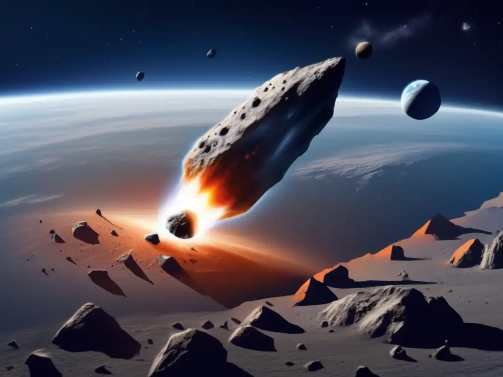 Orbital view of a large asteroid hurtling towards Earth, with a trio of deflection satellites in hot pursuit