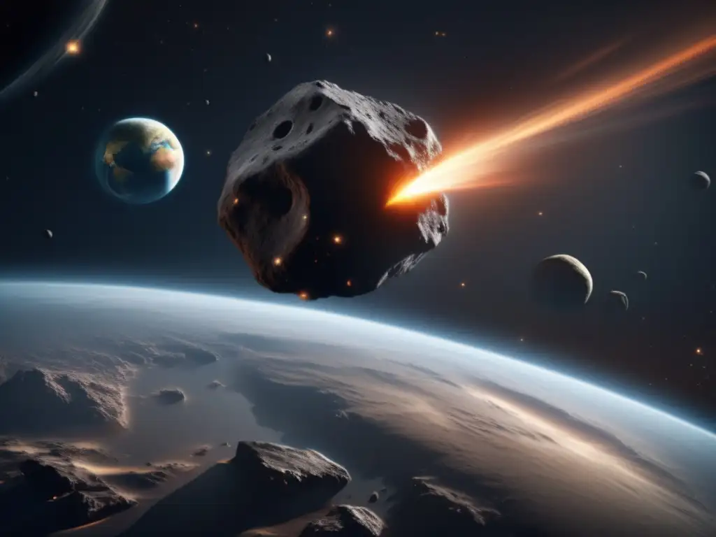 $hdtimesfrac{40}{21}$ | $Visual Asteroid Impact -$ precise & engaging Dashing towards Earth in a spiraling line of jagged rocks is an asteroid of deep, dark brown dusks