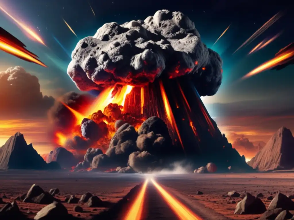 A photorealistic image of a massive asteroid hurtling through the atmosphere, leaving a trail of annihilation in its wake