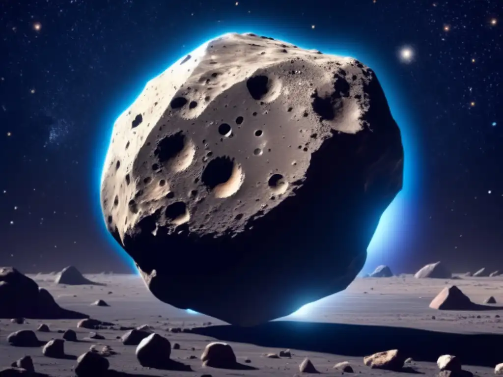 A terrifying photorealistic asteroid, looming large and jagged, orbits in the cosmic abyss