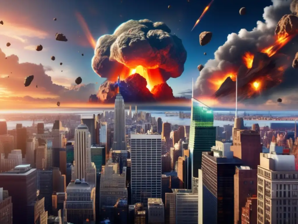 Asteroid Impact: 8k Photorealistic Illustration of Earth Destroying New York City A photorealistic depiction of Earth being obliterated by a massive asteroid, wreaking havoc in New York City