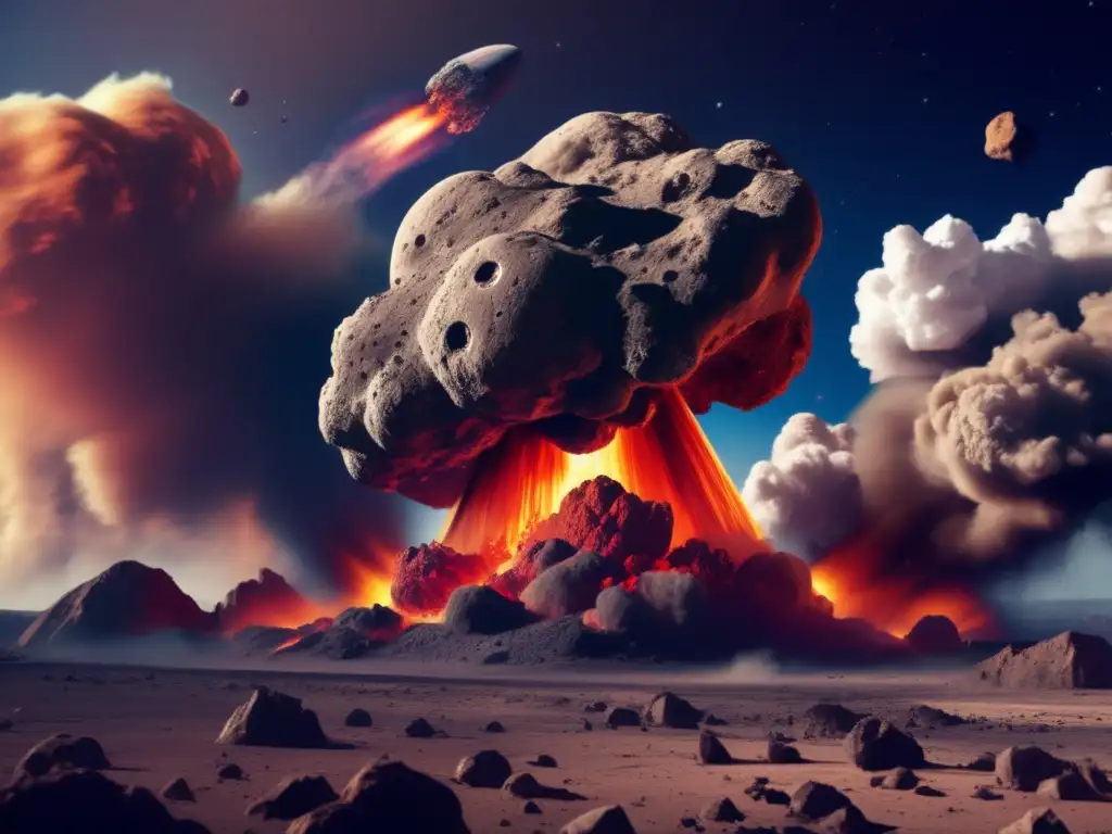 Dashing asteroid descends, obliterating planet with gigantic crater - Photorealistic photograph captures devastation in bright details, including jagged edges and rough surface of asteroid, wreaking havoc on unsuspecting world beneath