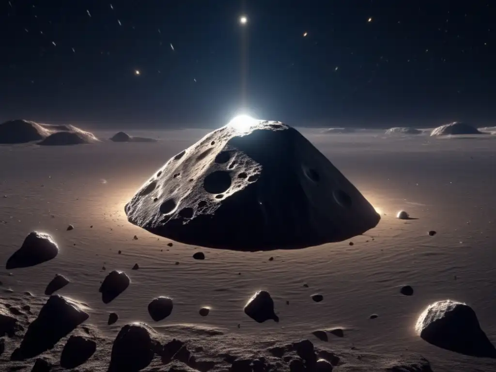 Asteroid: a photorealistically illuminated sphere, with a brilliant center and craters scattered around, set against a black celestial backdrop