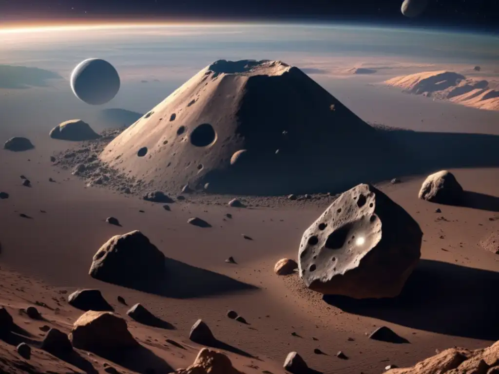 A haunting photorealistic image of a 1km asteroid, casting a long shadow over a barren landscape below